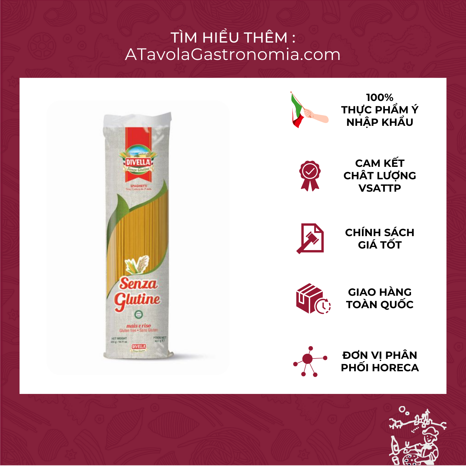 Mì Ý Gluten Free Spaghetti DIVELLA gói 400g [Mỳ Ý Pasta không chứa gluten Chính Hãng]