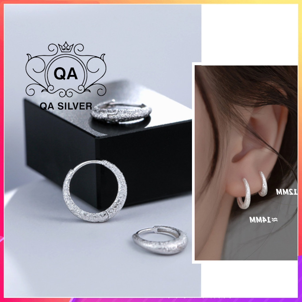 Khuyên tai bạc 925 tròn nhám bông nam nữ unisex tối giản s925 hoop qa silver earrings ea230408