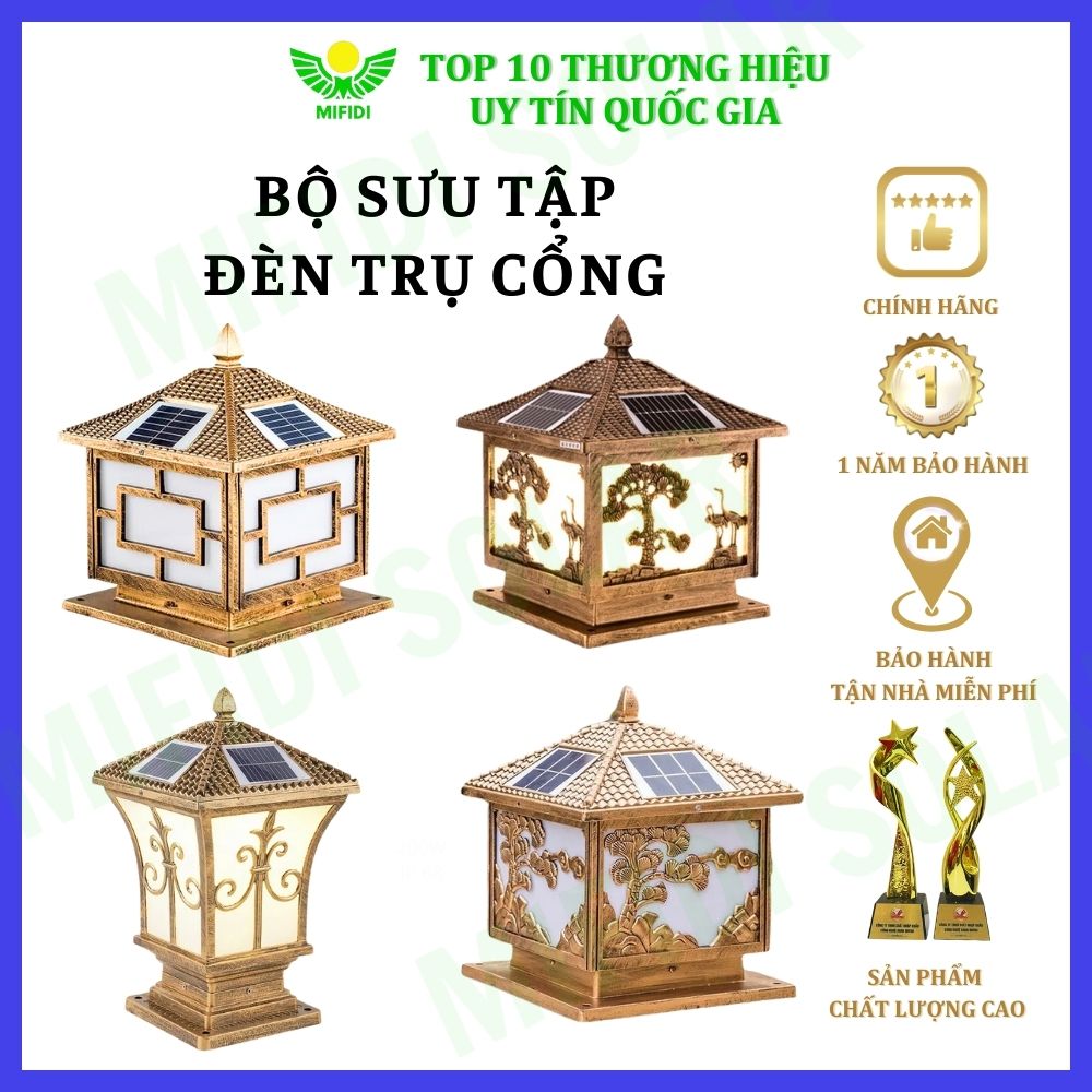 Đèn trụ cổng năng lượng mặt trời họa chính hãng Mifidi Solar - BH 1 năm