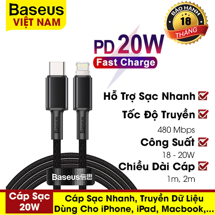 [BẢO HÀNH 12 THÁNG]  Cáp sạc nhanh  Baseus công suất 20W/5A cho iPhone 11 iphone 12 Pro XS Max XR X  Macbook iPad Mini
