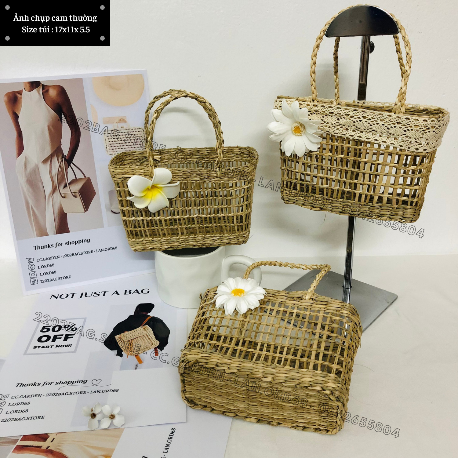 Túi cói mini đan thưa, túi cói cầm tay cute đi picnic phong cách vintage