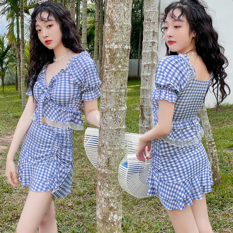 Bộ đồ bơi nữ bikini dáng váy kẻ caro xinh