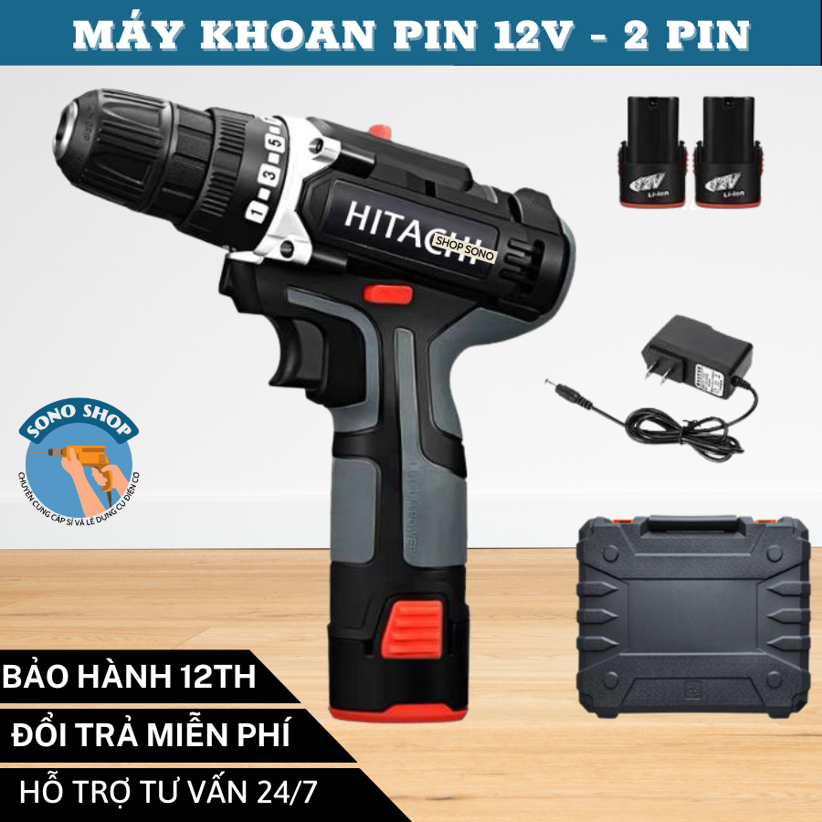 Máy khoan pin Hitachi 12V 2 cấp tốc độ Lõi đồng dùng pin Máy bắt vít 12V Đảo chều bảo hành 12 tháng