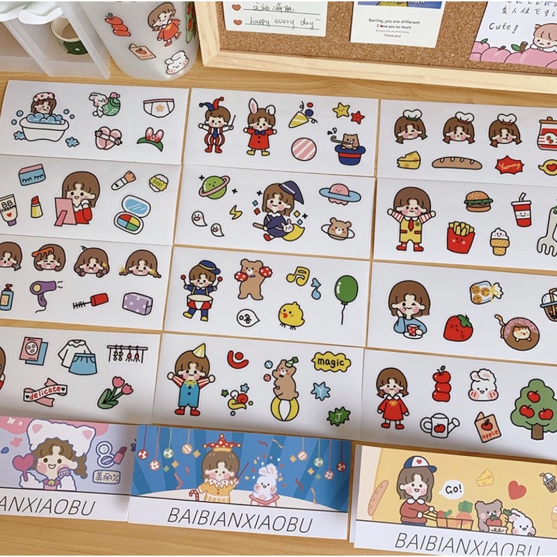 Set sticker cô gái Baibianxiaobu 4 tấm