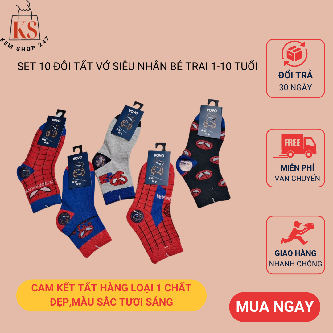 Set 10 Đôi Tất\ Vớ Siêu Nhân Cho Bé Trai Cao Cổ Từ 1-10 Tuổi Chất Liệu Dày Mịn,Màu Sắc Tươi Sáng-KEM SHOP 247