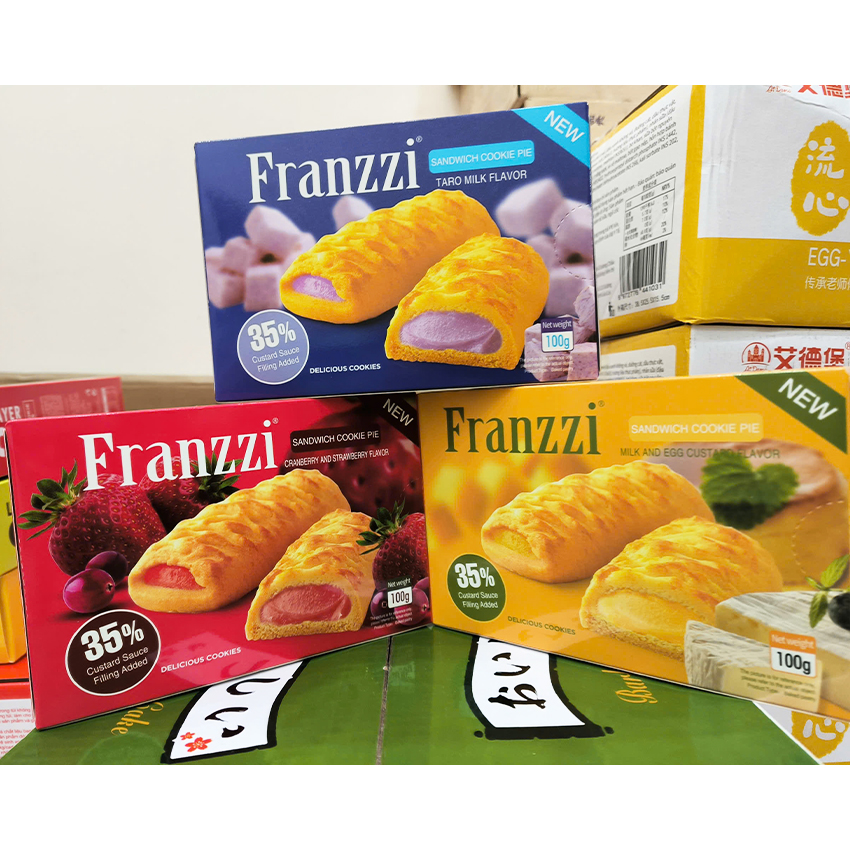 Bánh Quy Franzzi Sandwich Nhân Kem Khoai Môn, Dâu, Trứng Sữa Hộp 100g B210 - TKNK BeeGin