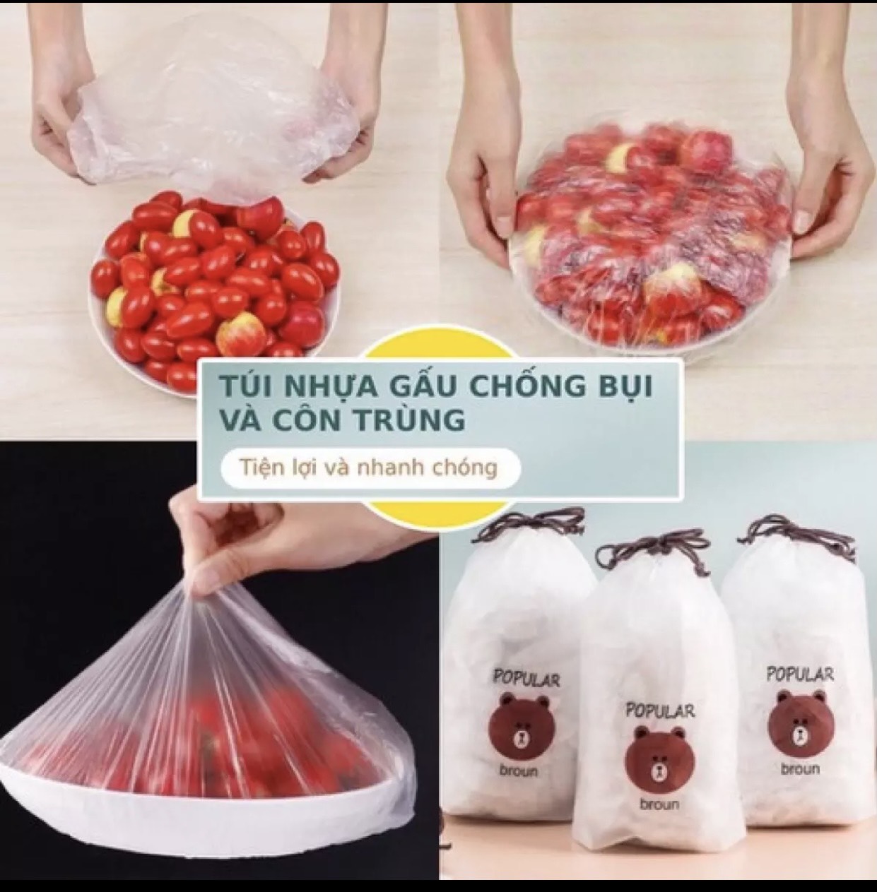 [FREESHIP] SET 100 CHIẾC MÀNG BỌC THỰC PHẨM MIỆNG BO CHUN CO GIÃN, TIỆN LỢI, DỄ DÀNG BỌC MỌI THỨ, THỰC PHẨM BẢO QUẢN TỦ LẠNH, CÓ THỂ TÁI SỬ DỤNG NHIỀU LẦN TẶNG KÈM TÚI ĐỤNG HÌNH GẤU DỄ THƯƠNG - AnhTuyet_SHOP