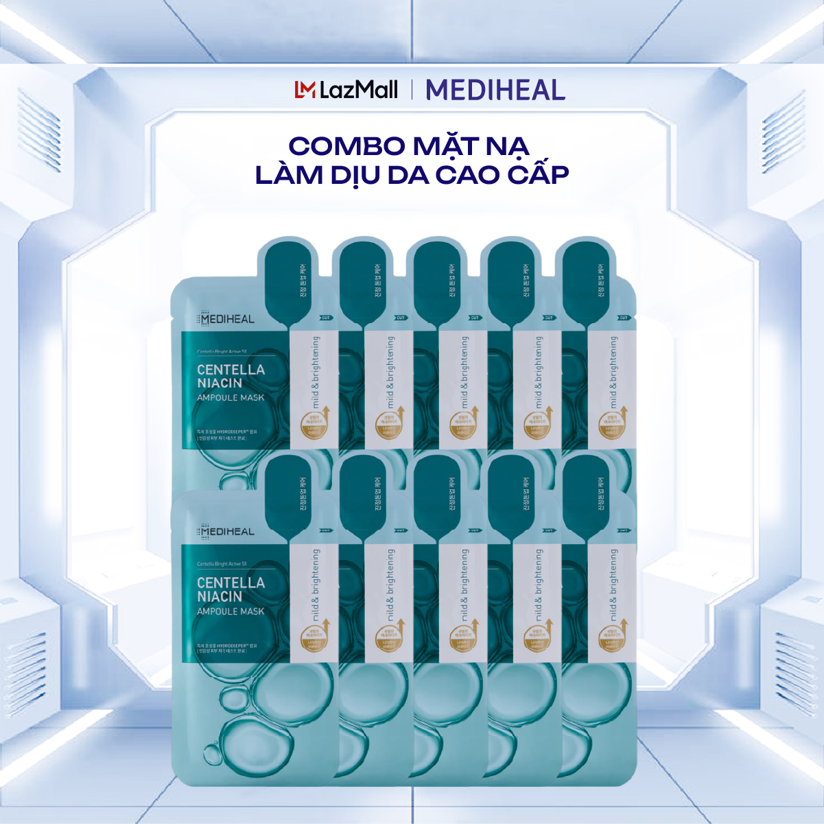 Combo 10 Miếng Mặt Nạ Dưỡng Sáng Làm Dịu Và Cấp Ẩm Da Mediheal Centella Niacin Ampoule Mask 27ml