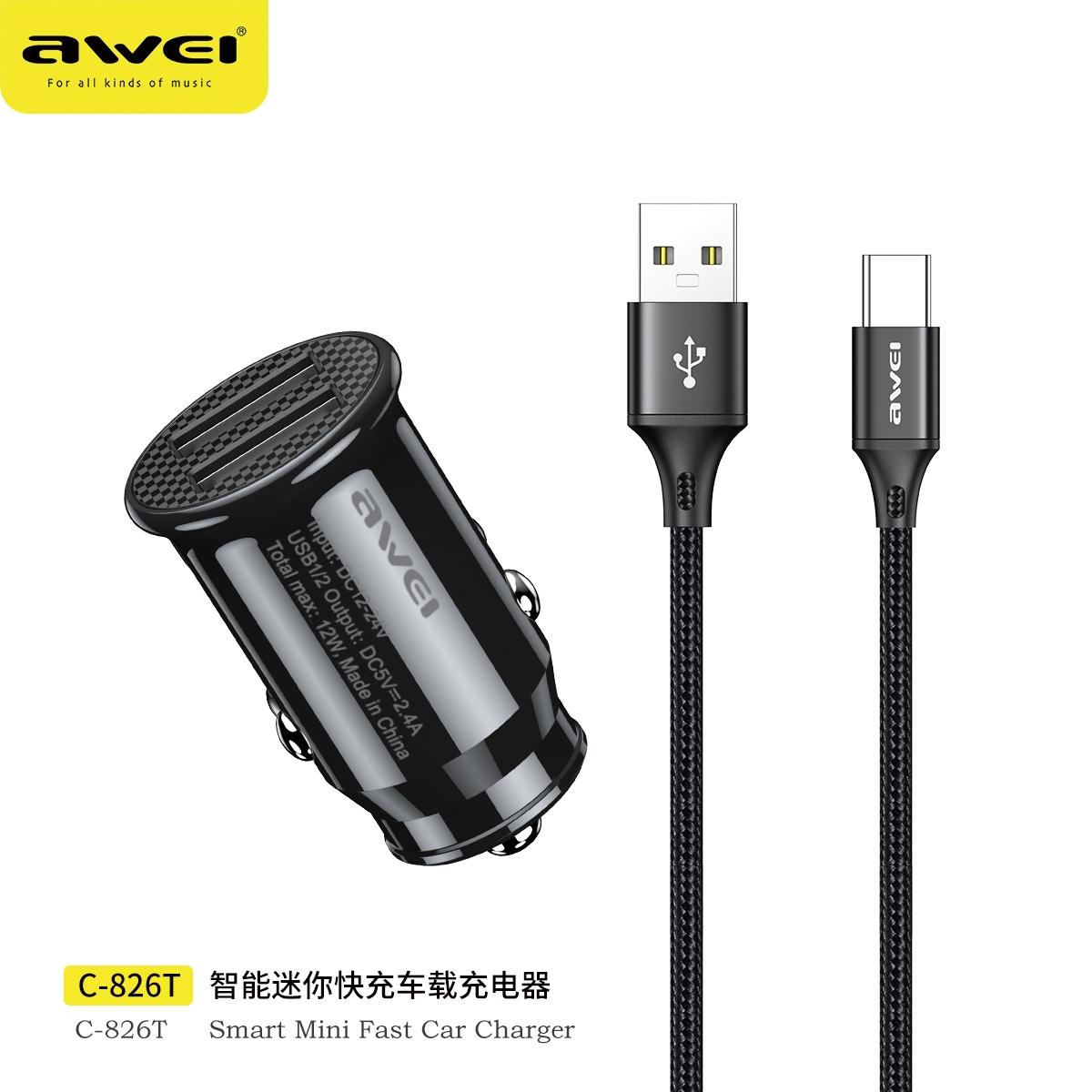 Awei C-826T Sạc Điện Thoại Ô Tô Mini 12W Sạc Nhanh 2.4A 2 Cổng USB Sạc Nhanh Trên Ô Tô Cho iPhone Xiao Mi Huawei Samsung Supercharge Scp