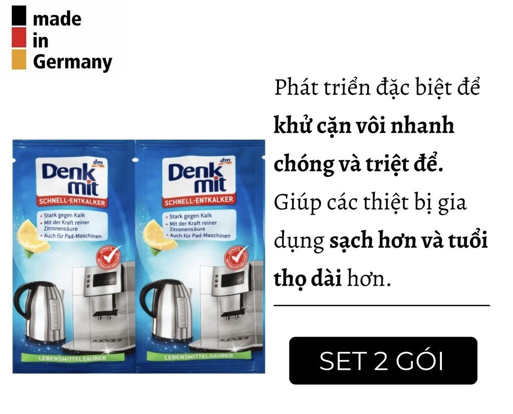 Bột Tẩy Cặn bình đun nước, Ấm siêu tốc Denkmit Đức- tẩy cặn canxi - Hàng nội địa Đức