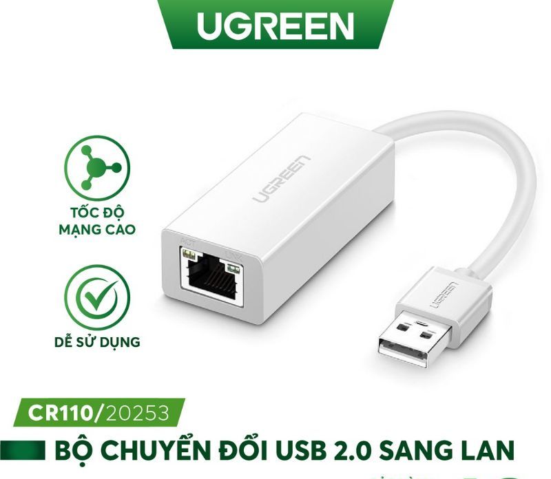 Cáp usb to lan 2.0 cho macbook, pc, laptop hỗ trợ ethernet 10/100 mbps ugreen 20253 chính hãng