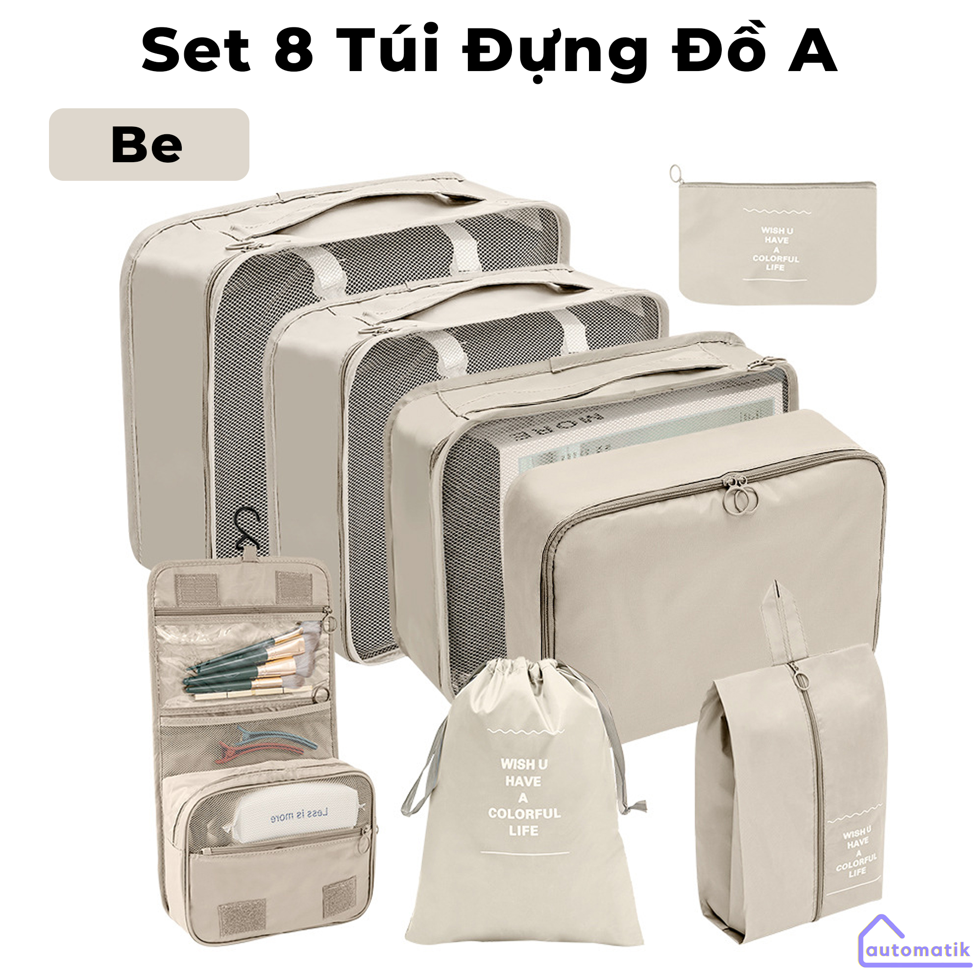 Set 8 Túi Đựng Đồ Du Lịch Tiện Dụng Có Khóa Chống Thấm Nước Thân Thiện Môi Trường Chất Liệu Vải Twill Automatik