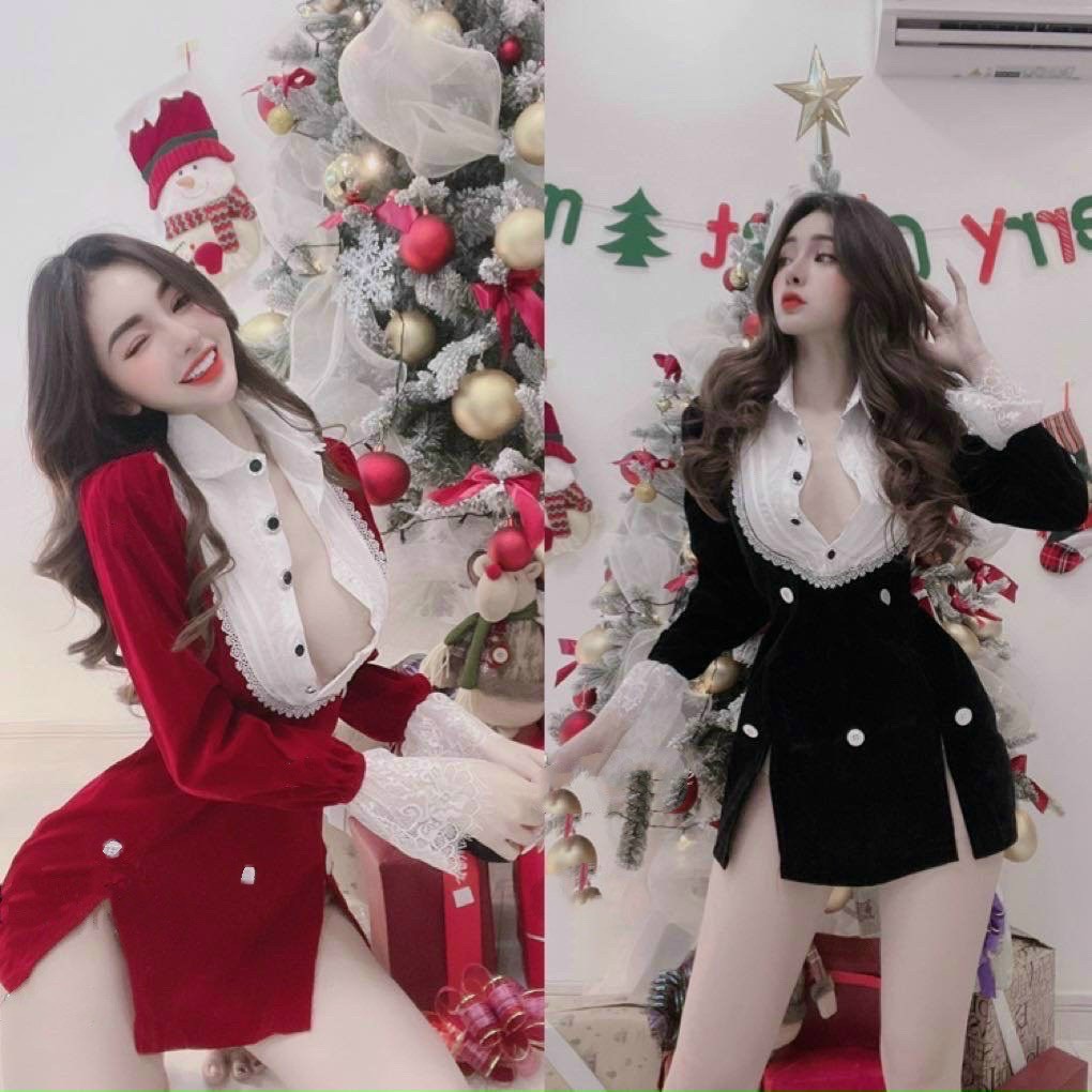 Đầm tiểu thư tay dài cổ sơ mi chất nhung mềm mại phối viền ren xẻ tà kiểu mẫu mới siêu chất NAM005