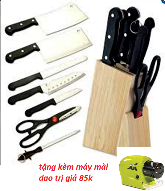Bộ Dao Hợp Kim Inox Làm Bếp 7 Món cao cấp đa năng + Tặng kèm hộp khay gỗ+ máy mài dao