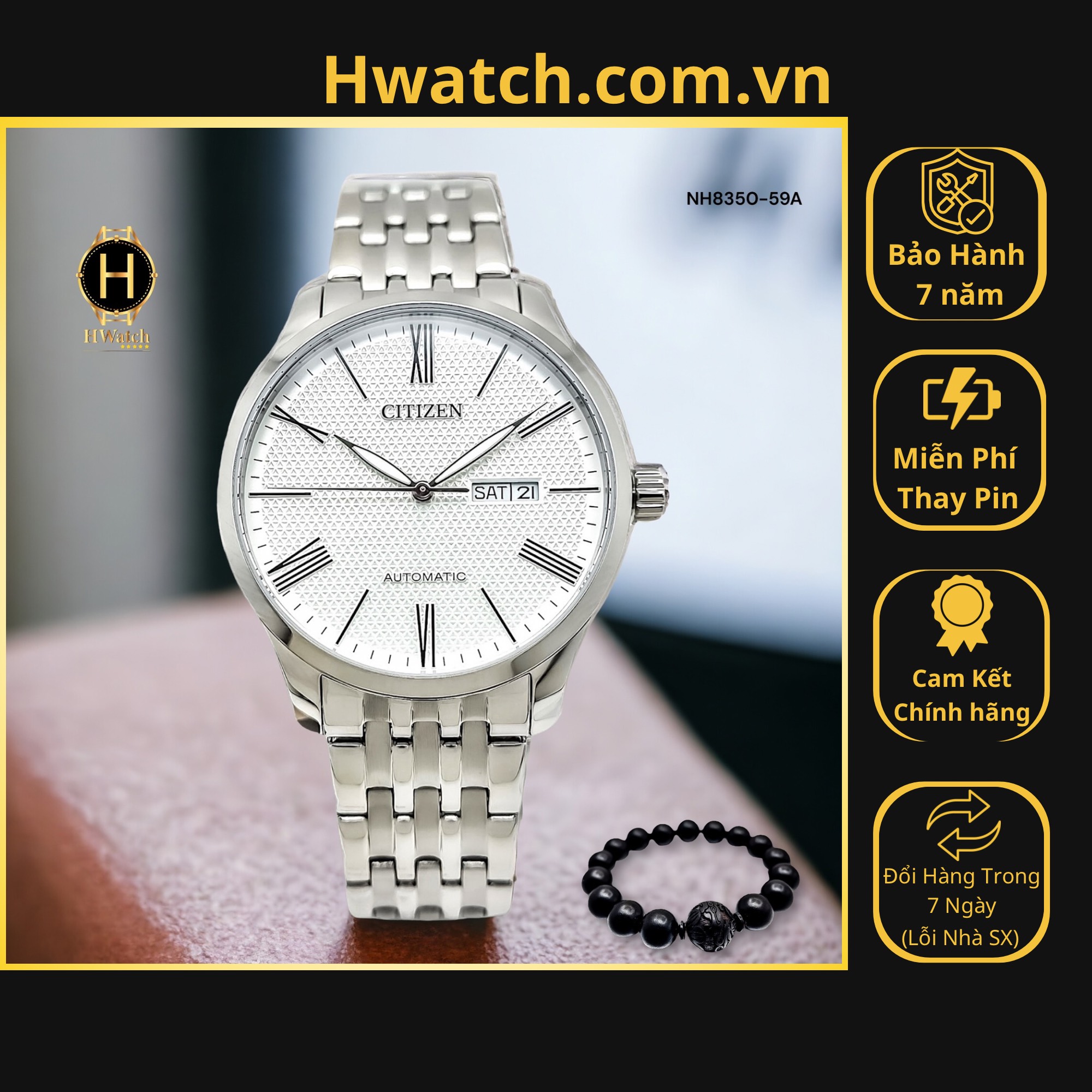 Đồng hồ nam citizen automatic nh8350-59a dây thép vỏ trắng mặt trắng