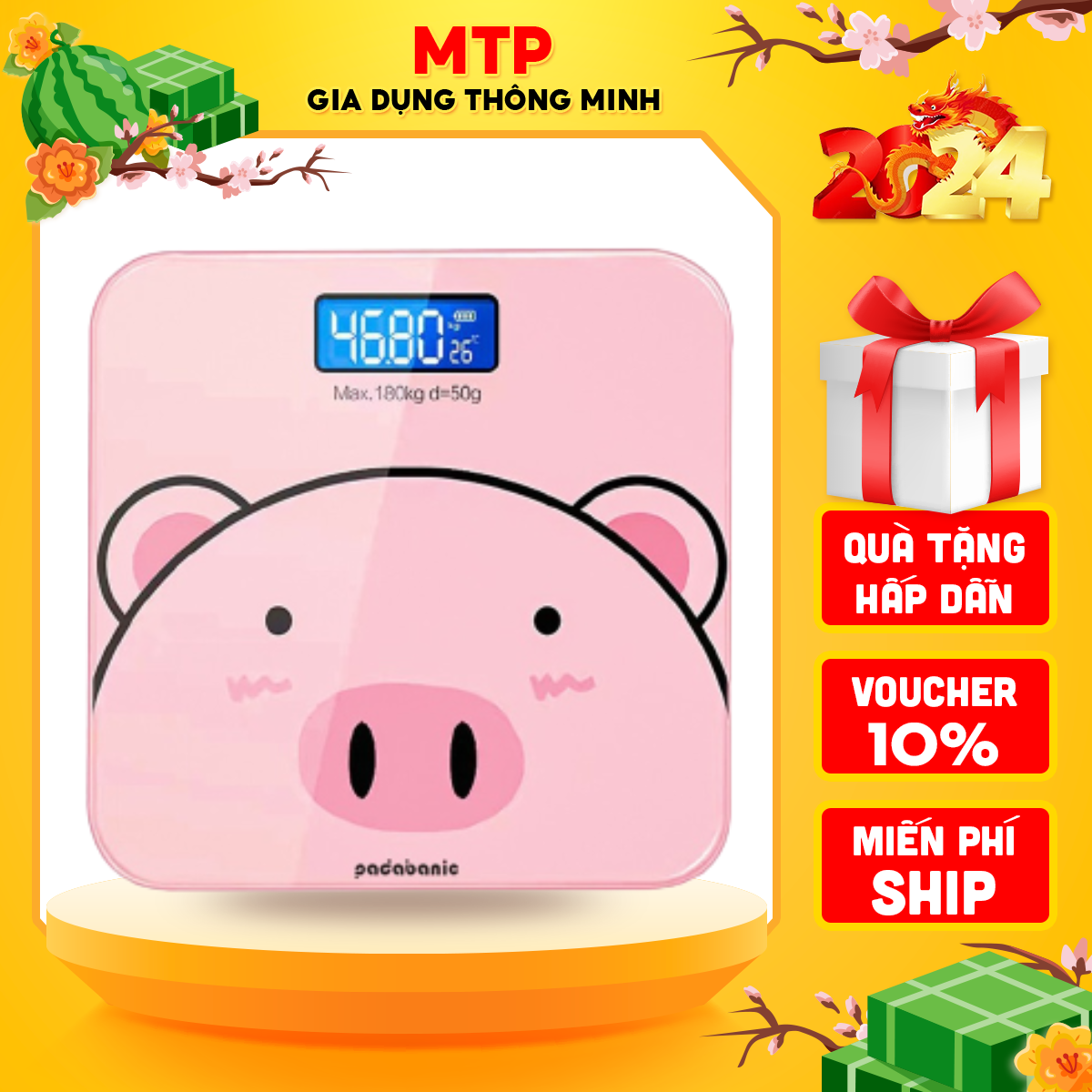 Cân điện tử sức khỏe gia đình 180kg hình chú heo, Tặng kèm pin AA, Cân điện tử cân người, Cân sức khỏe điện tử 180kg