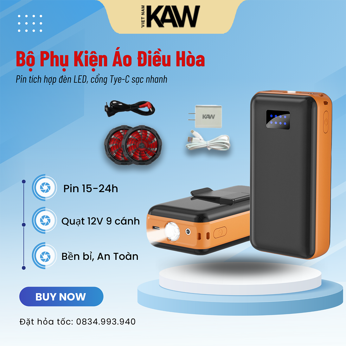 Pin áo điều hòa, phụ kiện áo điều hòa chính hãng kaw pin 32000, 50000 mah- bảo hành 1 đổi 1