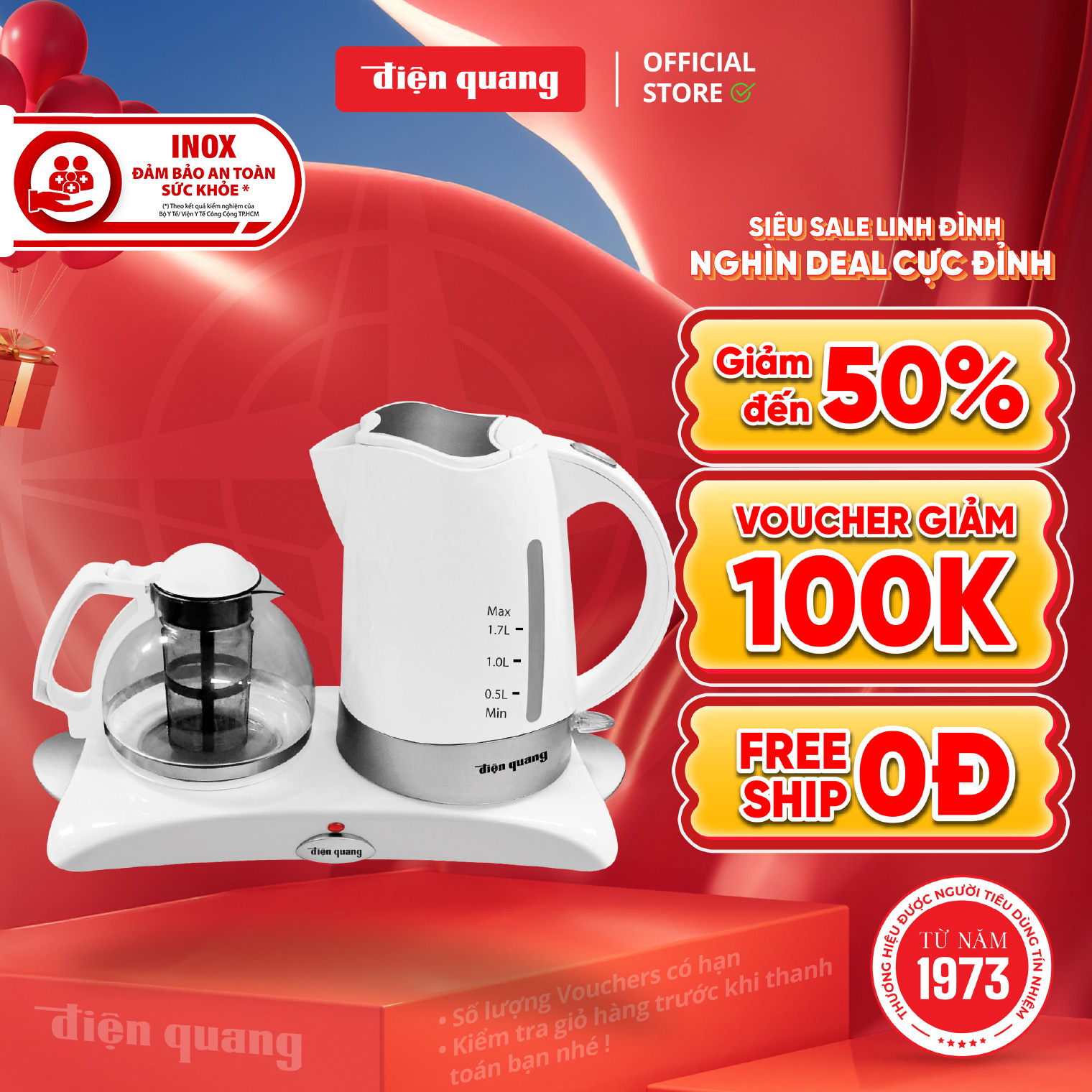 Bộ ấm đun nước siêu tốc điện quang đq ekt05 1817
