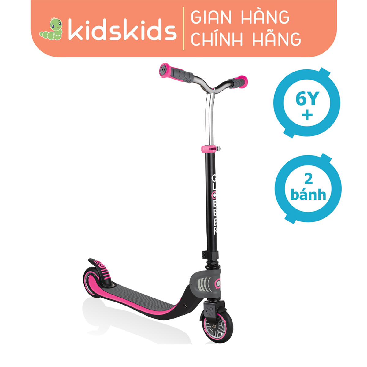 Xe trượt scooter 2 bánh globber flow foldable 125 cho trẻ em, từ 6 tuổi - đen/hồng