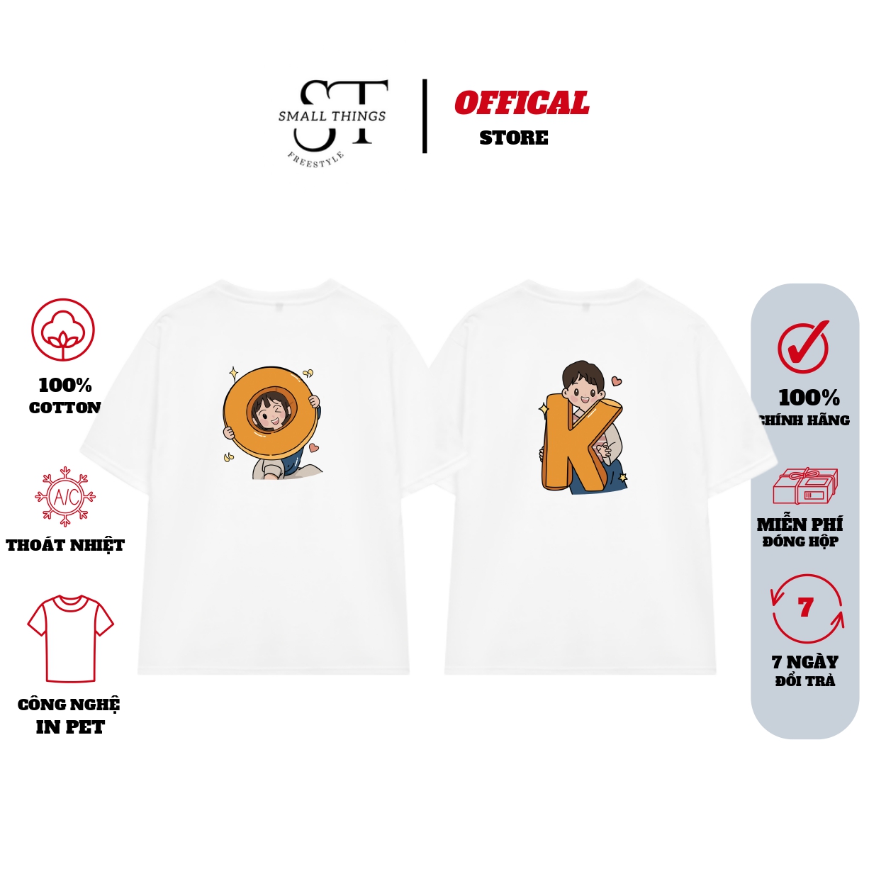 Áo cặp đôi nam nữ small things st áo thun couple chất liệu 100% cotton 2 chiều cổ tròn tay lỡ 2 màu đen trắng chữ o và k