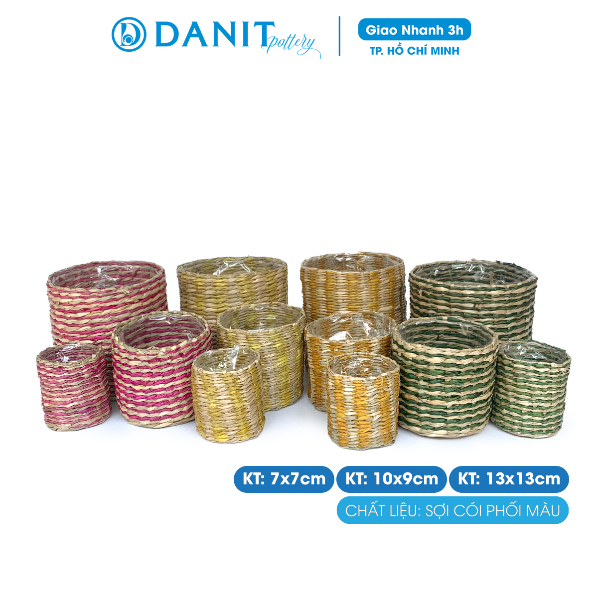 Giỏ cói tự nhiên phối màu đan thủ công - Giỏ cắm hoa để bàn - Đựng đồ decor