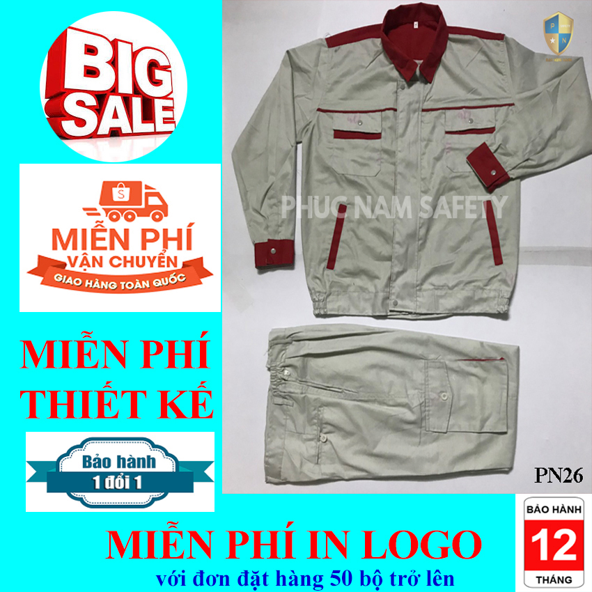 Bộ quần áo bảo hộ lao động, quần áo bảo hộ lao động màu ghi sáng phối đỏ PN26, quần áo bảo hộ giá rẻ, quần áo bảo hộ lao động, đồng phục công nhân, đồng phục kỹ sư, đồng phục công ty, bảo hộ lao động Phúc Nam