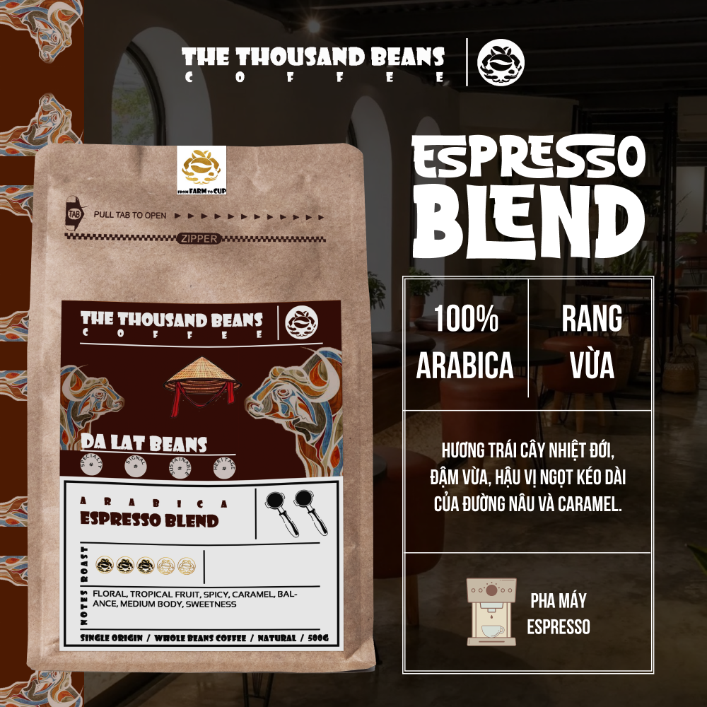 Cà phê Arabica Cầu Đất 100% rang mộc-ESPRESSO BLEND Thousand Beans 500g