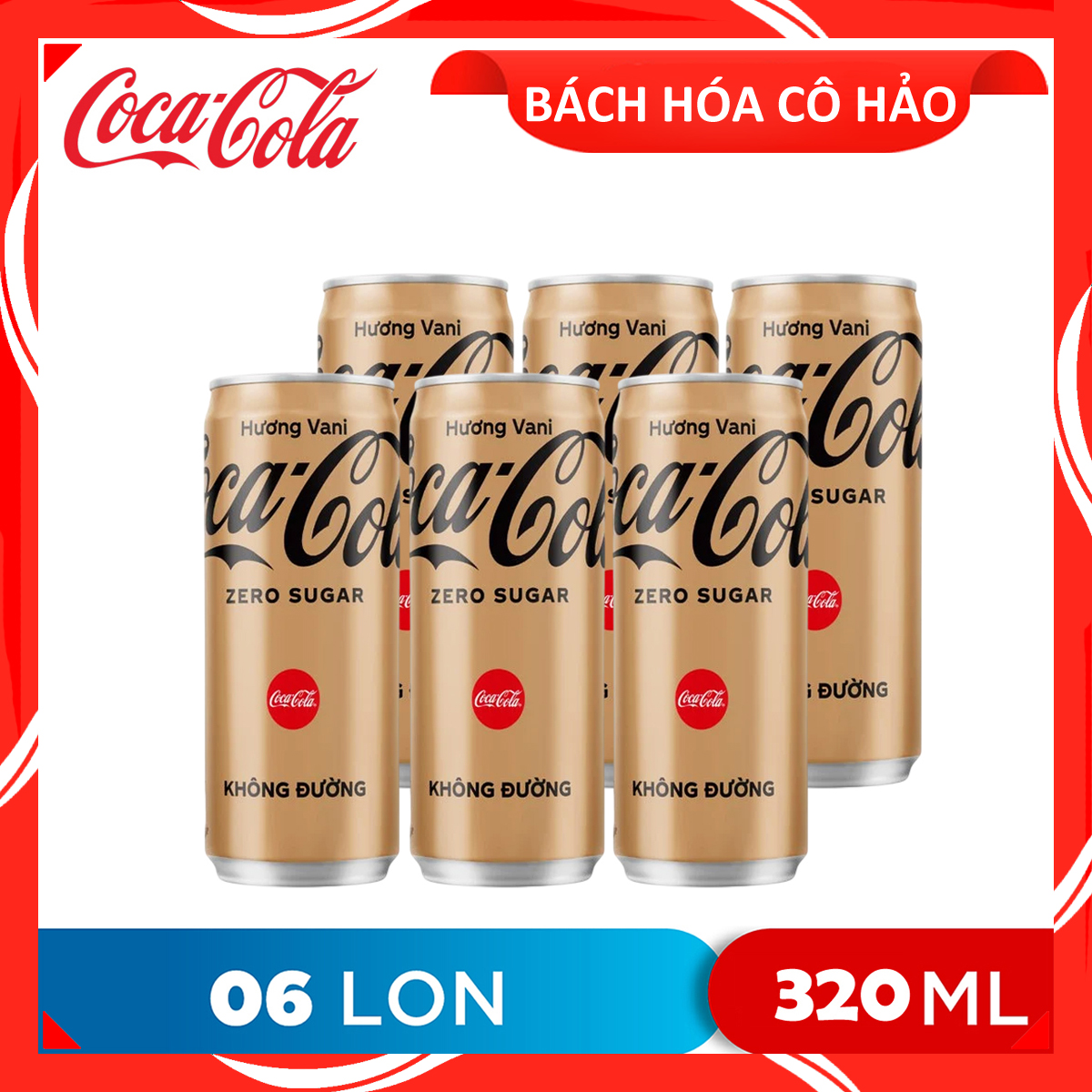 LỐC 6 LON NƯỚC GIẢI KHÁT KHÔNG ĐƯỜNG HƯƠNG VANI ZERO SUGAR COCA COLA 320ML