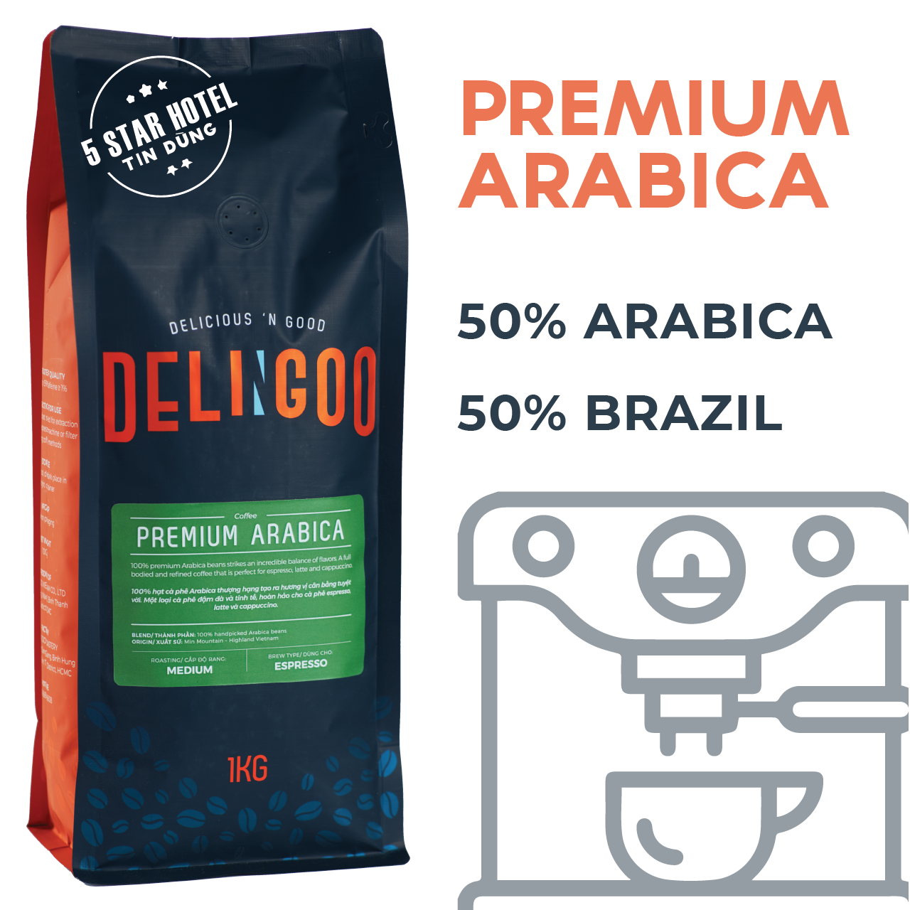 Cà phê hạt nguyên chất pha máy arabica, robusta honey delingoo coffee gói 1 kg