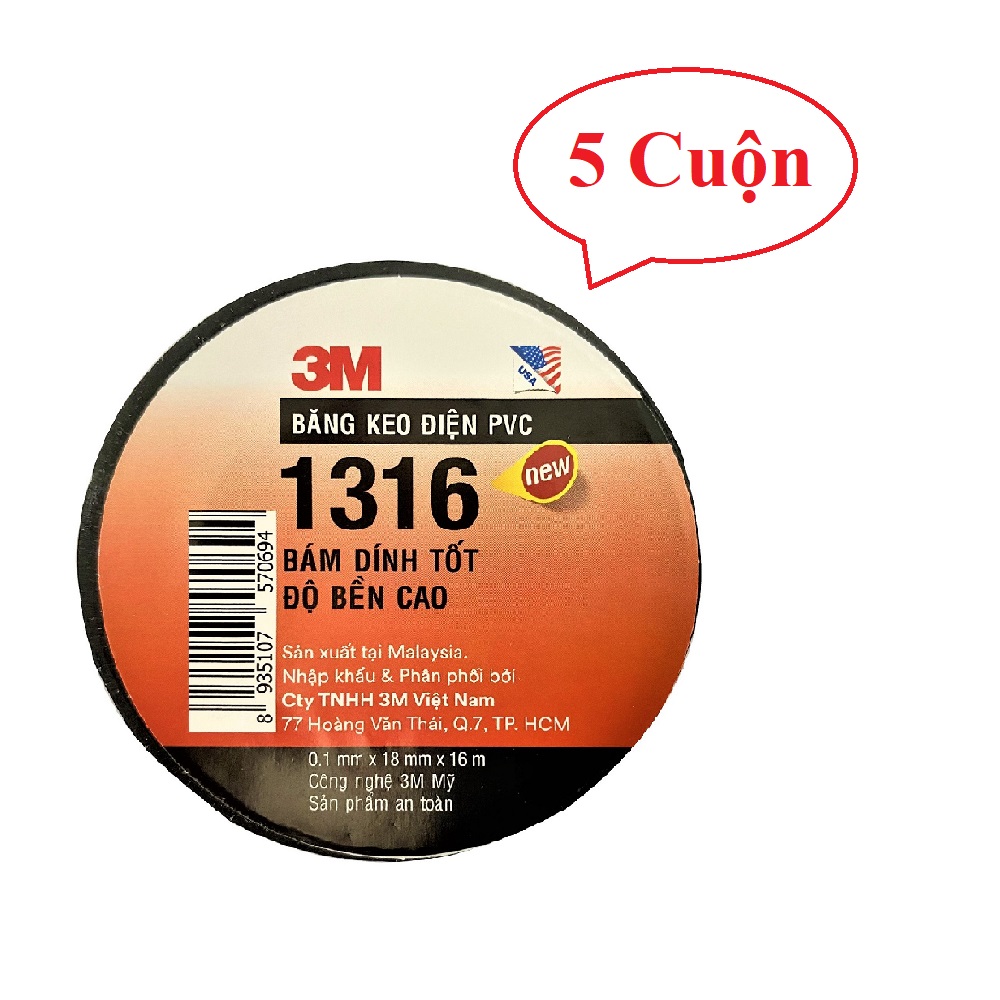 [5 Cuộn] Băng Keo Điện 3M PVC 1316 Khổ 18mm x 16m x 0.1mm - PuDa Mall, cách điện, độ dính cao, bảo hộ lao động