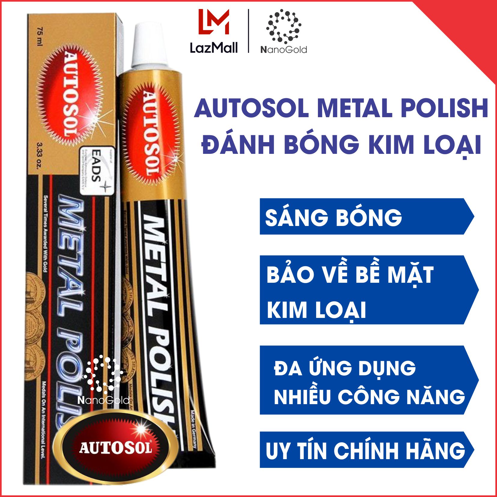 Kem đánh bóng kim loại autosol metal polish 100g dùng trên inox hợp kim đồng crom giúp kim loại sáng bóng lấy lại màu sắc ban đầu nanogold.