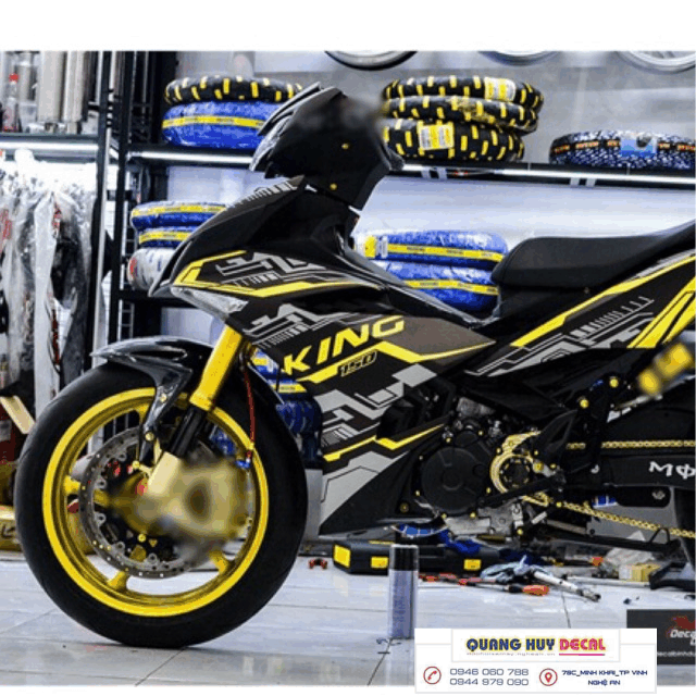 Tem trùm xe exciter 150 mx KING đen chỉ vàng -  Tem dán xe máy exciter 150 mx KING  thiết kế theo yêu cầu - tem xe exciter 150 đen chỉ vàng độ chế đẹp và rẻ chất