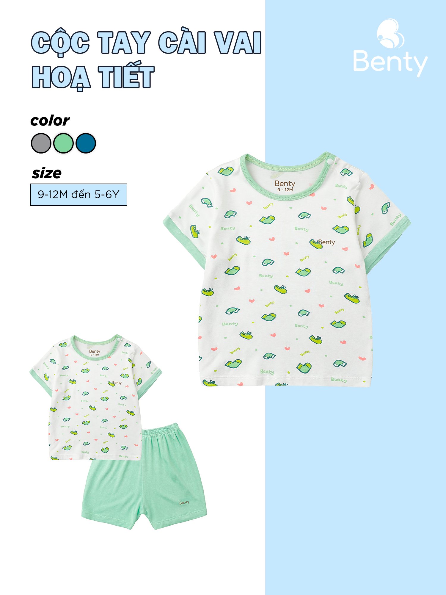  Bộ cộc tay cài vai BENTY họa tiết dễ thương bé trai,bé gái chất vải cao cấp bé mặc thoải mái 