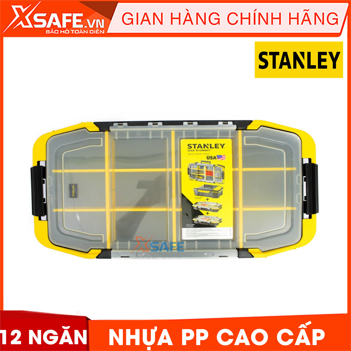 Hộp dụng cụ STANLEY STST14440 12 ngăn. Hộp đựng dụng cụ Stanley chất liệu nhựa, hộp đựng mỏng nhẹ có tay xách, sử dụng tiện lợi và có nhiều ngăn chứa, có thể liên kết với nhau
