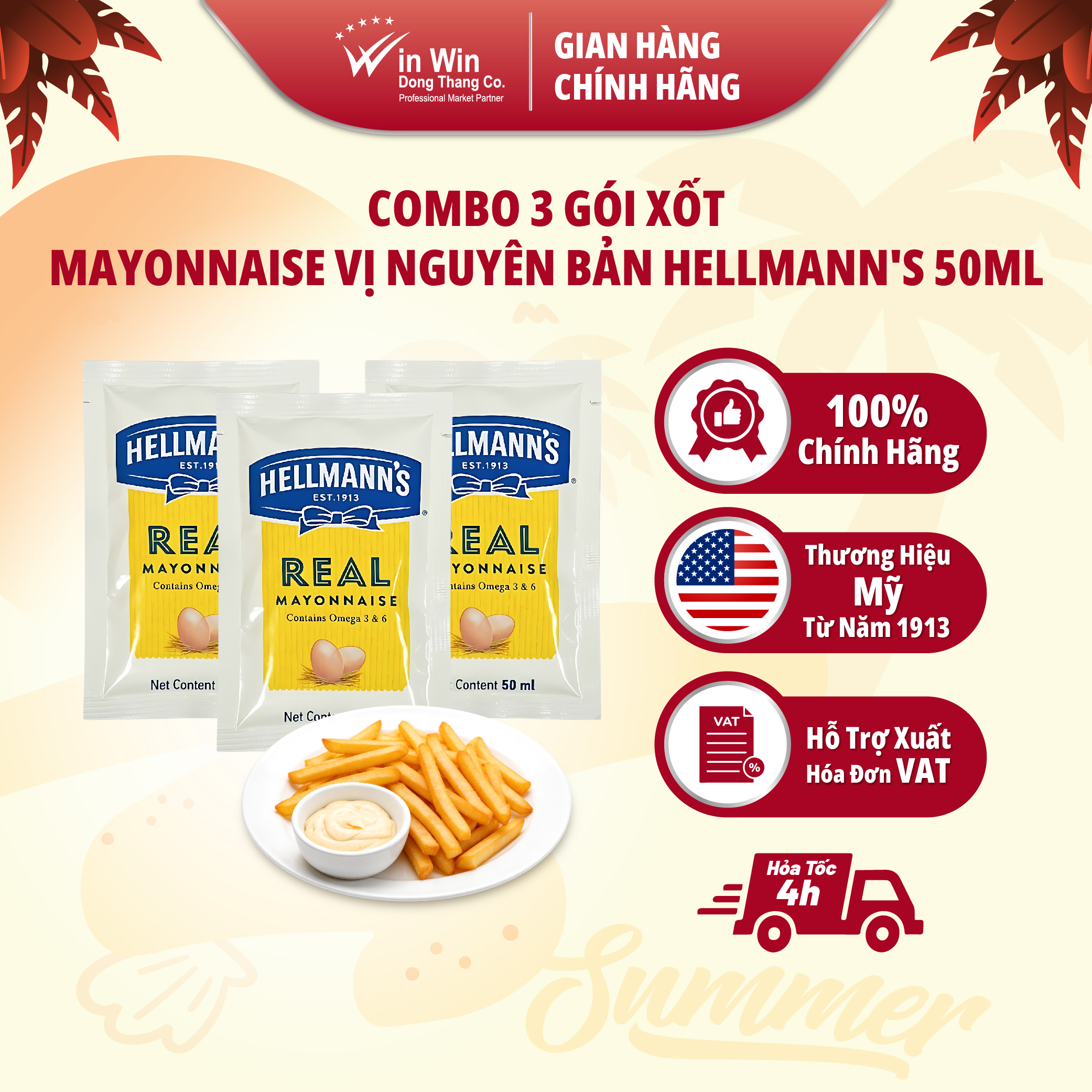 COMBO 3 Gói Xốt Mayonnaise Vị Nguyên Bản Hellmann’s 50ml - Thương Hiệu Mỹ, SX Thái Lan | Hellmann’s Real Mayonnaise 50ml