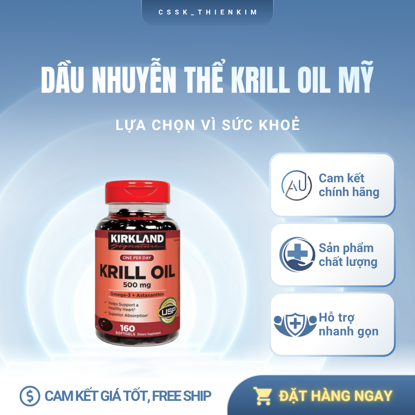 Dầu nhuyễn thể Kirkland Krill Oil Omega3 + Astaxanthin 500mg 180 viên của Mỹ