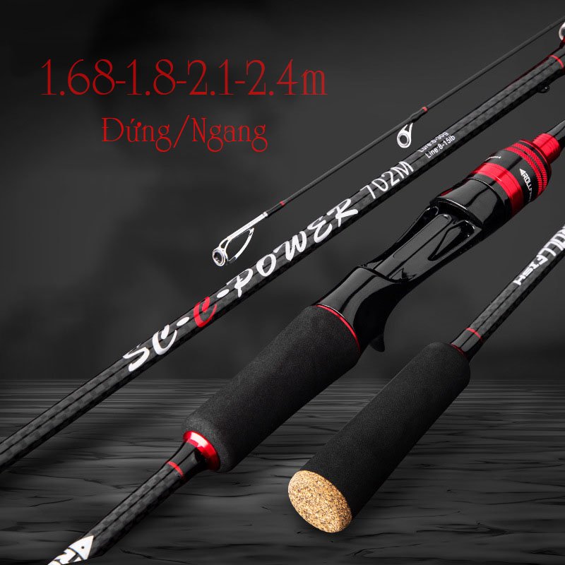 Cần câu lure 2 khúc máy ngang và máy đứng carbon rollfish ngọn m đầu bu chống xoắn - cl2k004