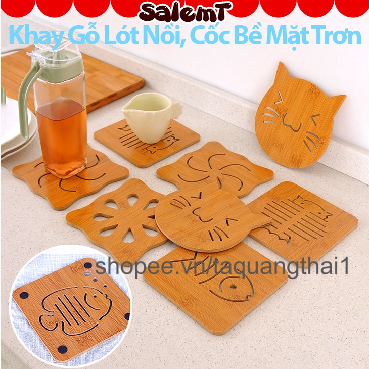 Khay Lót Nồi, Cốc Gỗ Hoạ Tiết Vân Tre Cách Nhiệt Có Chân Cao Su Chống Trượt Nhiều Hình Ngộ Nghĩnh Size To (15x15cm)