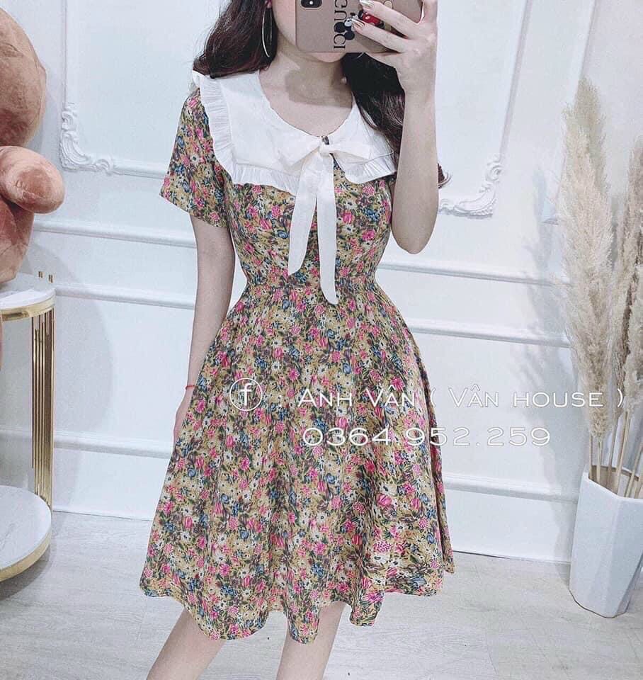 ĐẦM NỮ DÁNG XÒE HOA NHÍ CHẤT VON LỤA MỀM MỊN CỔ ĐẤM PHỐI BÈO THẮT NƠ KIỂU TIỂU THO XINH XẮN