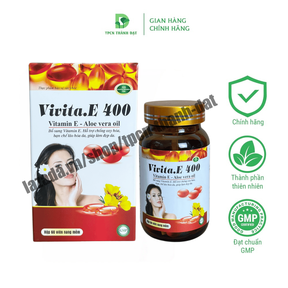 Vitamin e đỏ Vivita E 400 bổ sung vitamine 400iu, omega 3 giúp làm đẹp da, trắng sáng da, có thể bôi lên da mặt - 60 viên