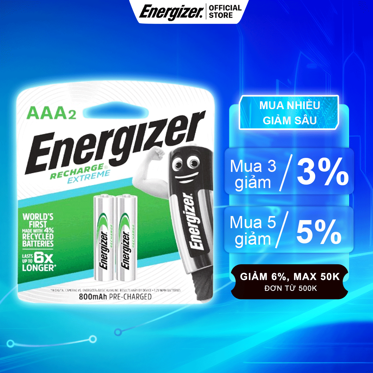 Pin sạc energizer aaa 800mah nh12e - vỉ 2 viên - hàng chính hãng