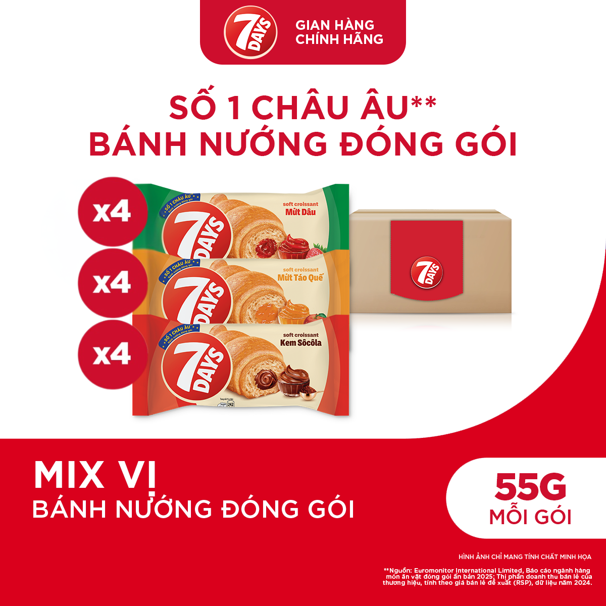 Combo 12 Gói Bánh Sừng Bò 7DAYS Mix Vị Kem Socola/Mứt Táo Quế/ Dâu 55g