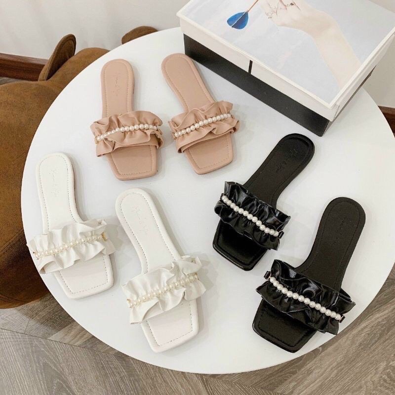 [Free ship] Dép lê nữ/Dép quai ngang gắn ngọc tiểu thư kiểu dáng Hàn Quốc