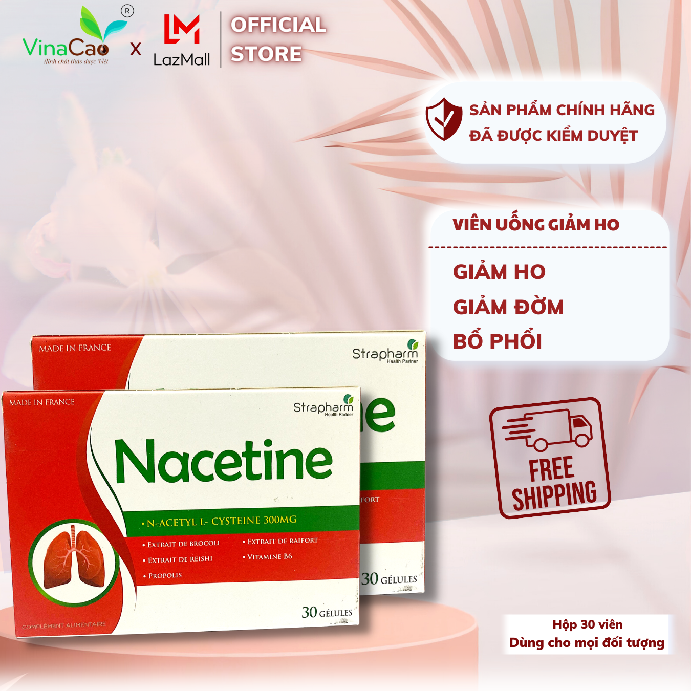 Viên uống Nacetine hỗ trợ giảm ho, giảm đờm, tăng cường chức năng phổi