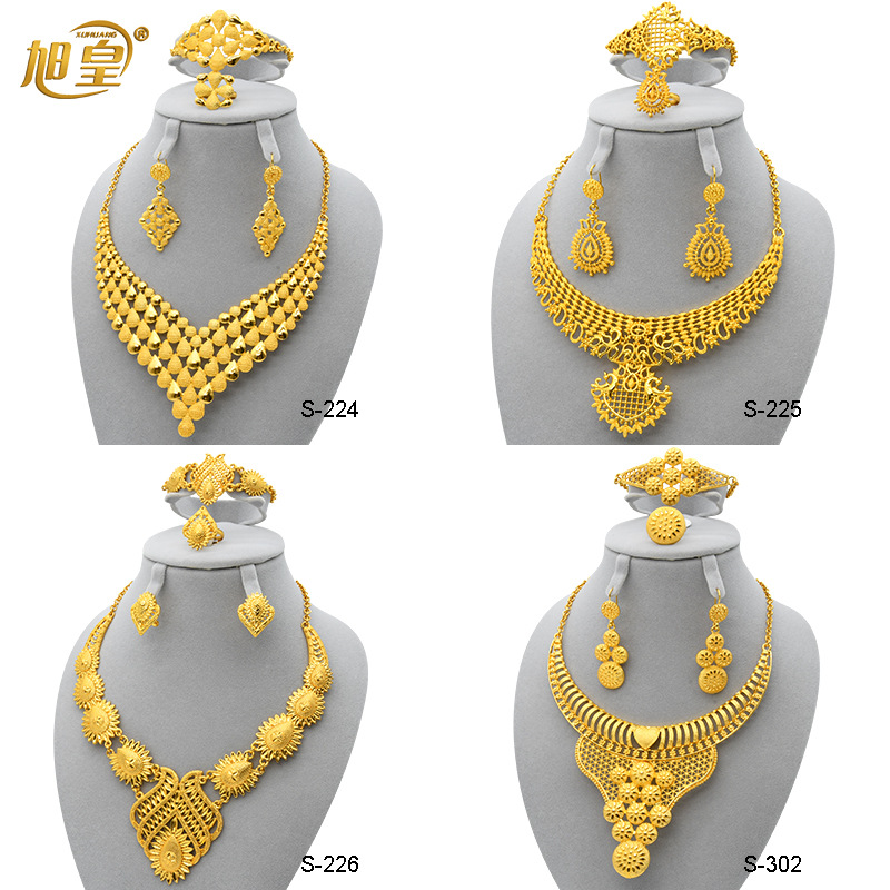 24k vòng cổ cô dâu mạ vàng, bông tai, nhẫn, vòng tay, bộ trang sức nữ ả rập nigeria bốn mảnh