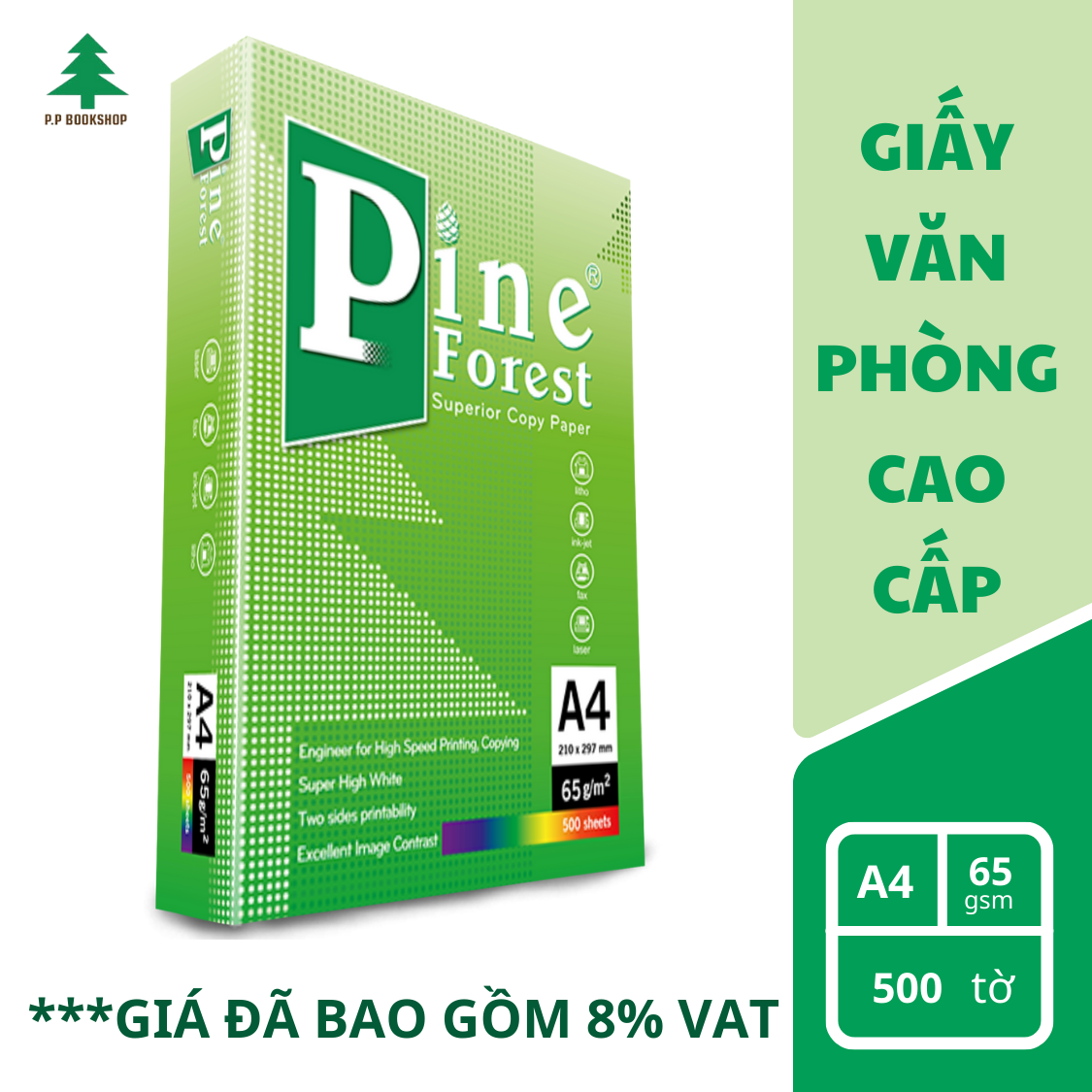 Giấy photo A4 Pine Forest định lượng 65g/m2 - 500 tờ/ 1 RAM, độ trắng cao phù hợp cho văn phòng in ấn photo, giấy in
