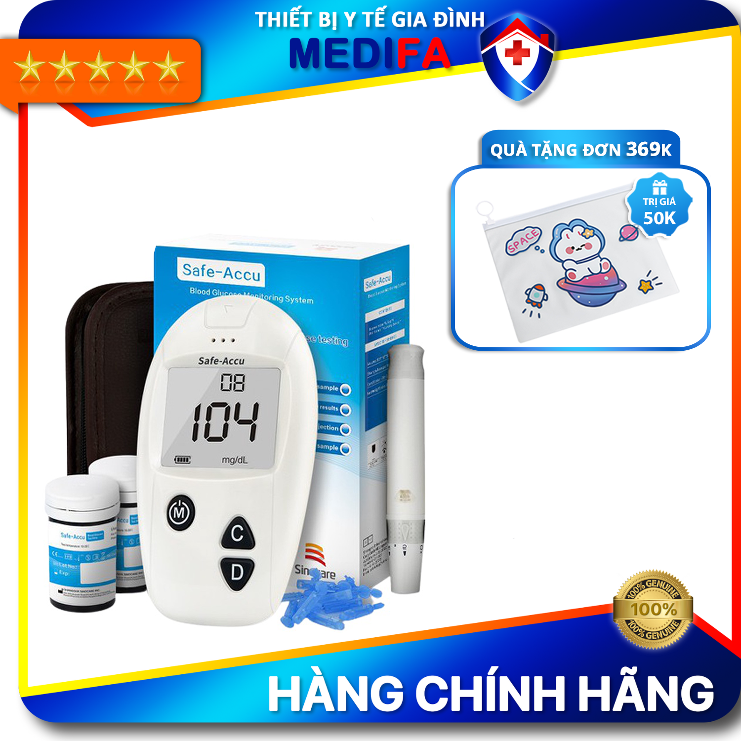 Máy đo đường huyết sinocare safe accu - tặng kèm bút chích máu và 25 que thử, 25 kim, bảo hành trọn đời