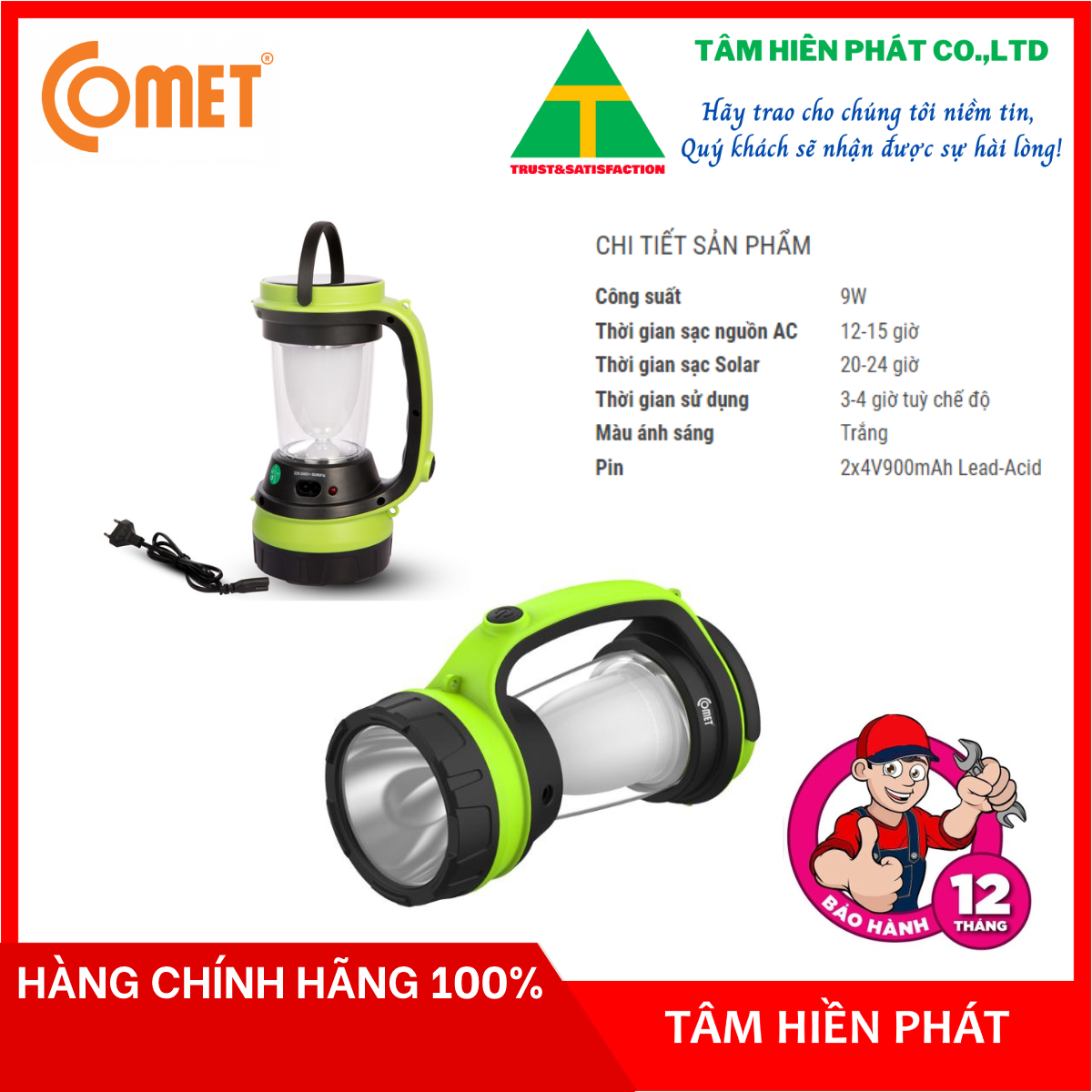 Đèn sạc led tích hợp tấm pin solar comet crl3303s 9w - hàng chính hãng - bh 12 tháng