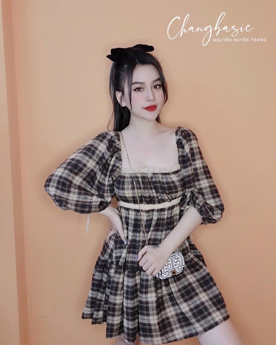 Váy đầm nữ caro cổ vuông tay búp rút dây bo chun eo