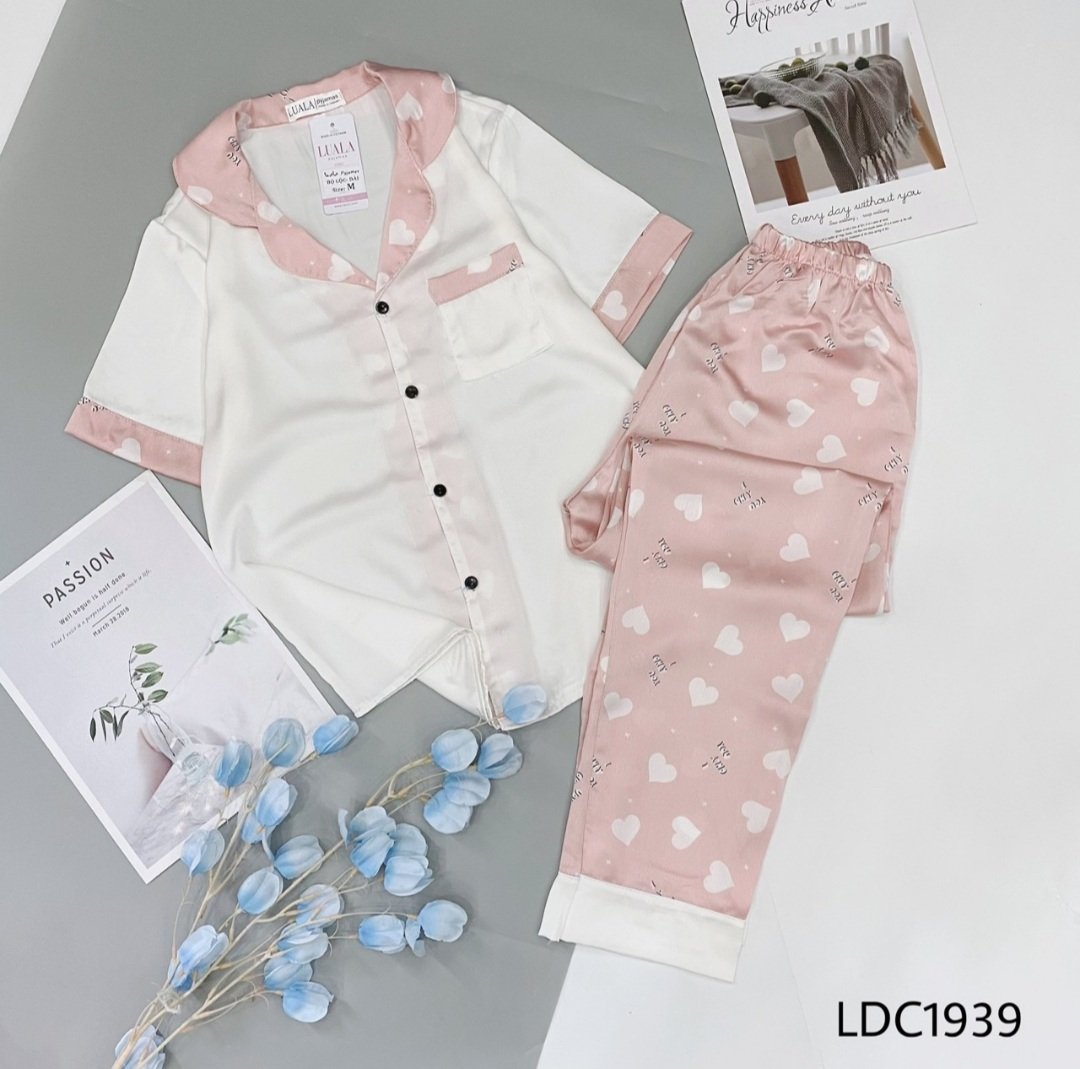 Bộ ngủ lụa satin tay ngắn quần dài - hàng thiết kế loại 1